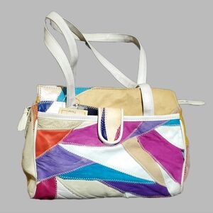 Vintage Colorblock Patchwork Tote Bag Shoulder Satchel Rainbow 80s 90s
